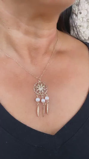 18k Gold Filled Dream Catcher Jewelry Set With Earrings And Necklace Featuring Pearls Details