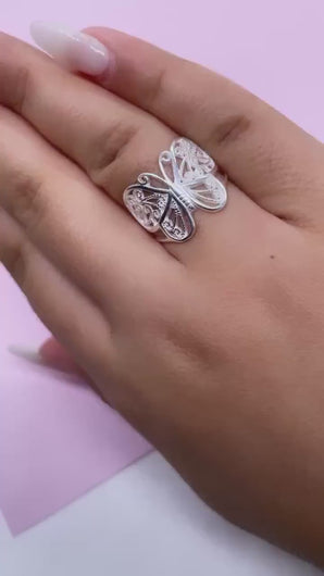 925 Sterling Silver Large Engraved Butterfly Ring