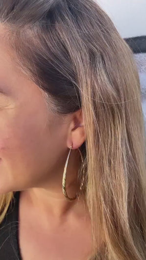 18k Gold Filled Tear Drop Shaped Hoop Earrings With Engraved Pattern