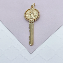 Load image into Gallery viewer, Swivel Double Sided 18k Gold Filled San Benito Engraved Key Pendant
