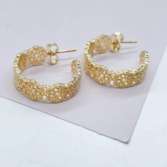 18k Gold Filled Dotted Flower Open Hoop Earrings Wholesale Jewelry