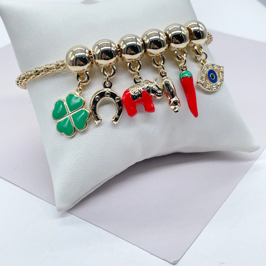 18k Gold Filled Charm Bracelet Featuring Red Elephant, Blue Evil Eye, & 4-Leaf Clover Wholesale Jewelry Supplies