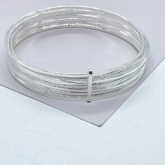 18k Silver Filled Silver Bangle Bracelet With Smooth and Textured Thin Layers
