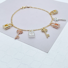 Load image into Gallery viewer, 18k Gold Filled Tri-Color Lock &amp; Key Charms Anklet
