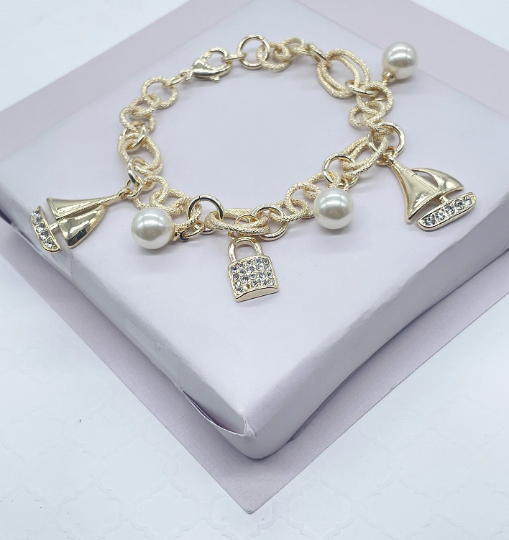 18k Hold Filled Sea Life Charm Bracelet, With Pearl Charms and Sailing Boats