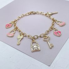 Load image into Gallery viewer, 18k Gold Filled Pink Charm Bracelet With Heart &amp; Keys Wholesale Jewelry
