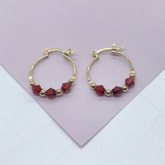18k Gold Filled Thin Hoop Earrings With Diamond Shape Maroon Acrylic And Mini Gold Beads