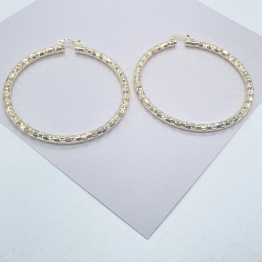18k Gold Filled Squared Textured Round Hoops