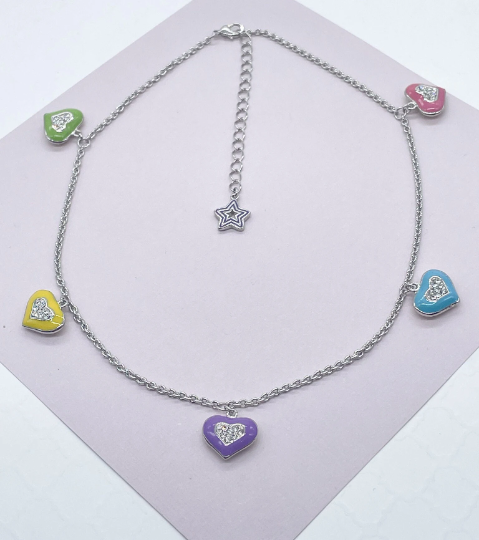 Silver Filled Necklace with Colorful Enamel Heart Charms
