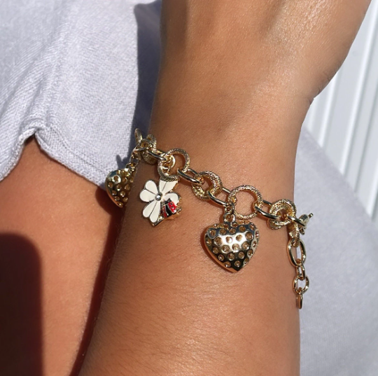 18k Gold Filled Textured Link Charm Bracelet With Puffy Heart, Lady Bug & Flower Charms Wholesale Jewelry