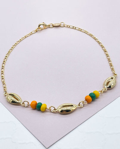 18k Gold Filled Long Short Link Anklet Featuring Colorful Beads and Three Cowrie Shells Summer Style, Protection Anklet Jewelry
