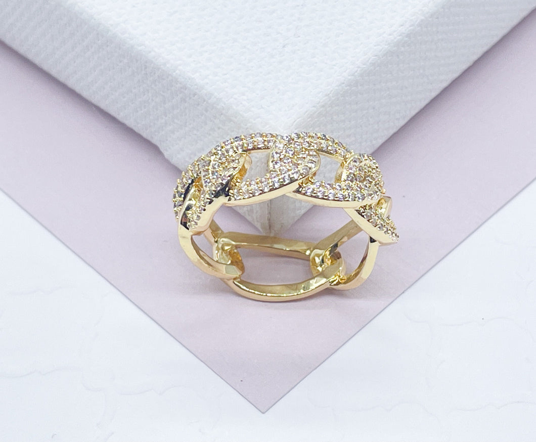 18K Gold Filled Cuban Link Ring Featuring Micro Pave Cubic Zirconia