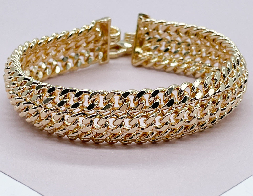 18K Gold Filled Thick Bracelet Feature Three Cuban Link Connected Side by Side