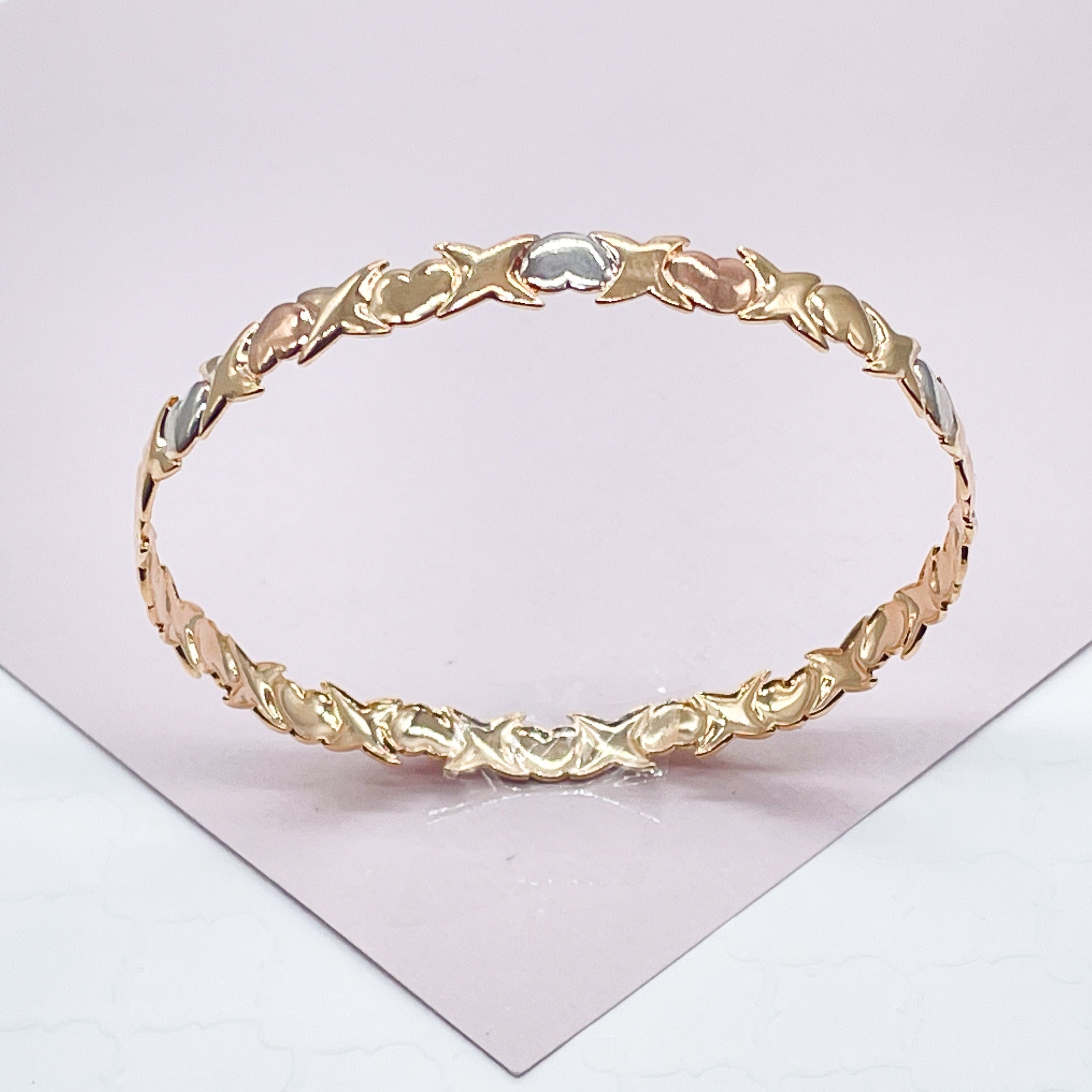 18k Gold Filled Tricolor XOXO Heart Bangle Gold, Silver and Rose Color ...