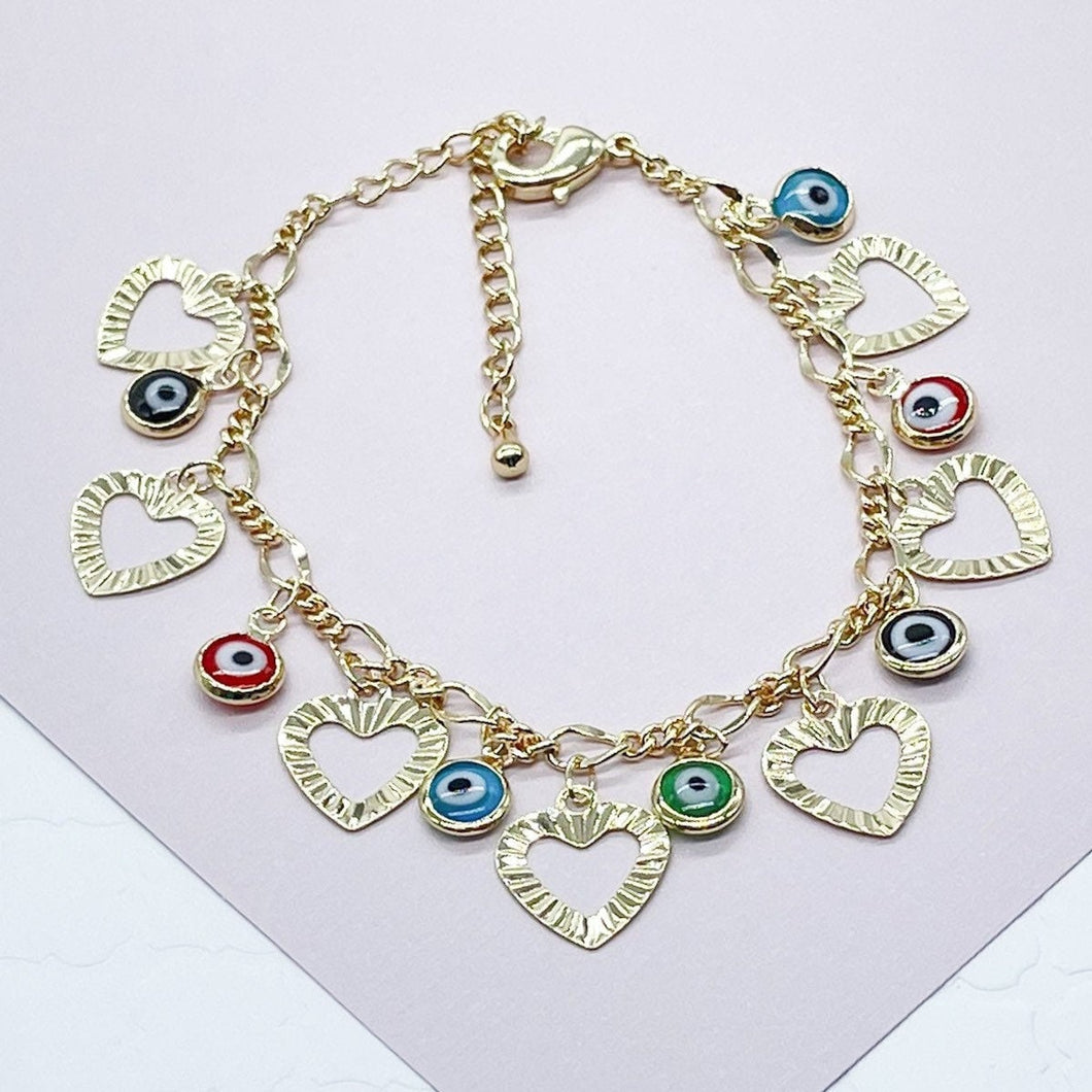 18k Gold Filled Charm Bracelet Featuring Seven Hearts and Seven Colorful Evil