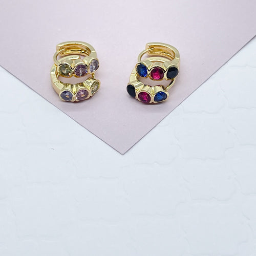 18k Gold Filled Three Stones Huggie Earrings Hypoallergenic Jewelry
