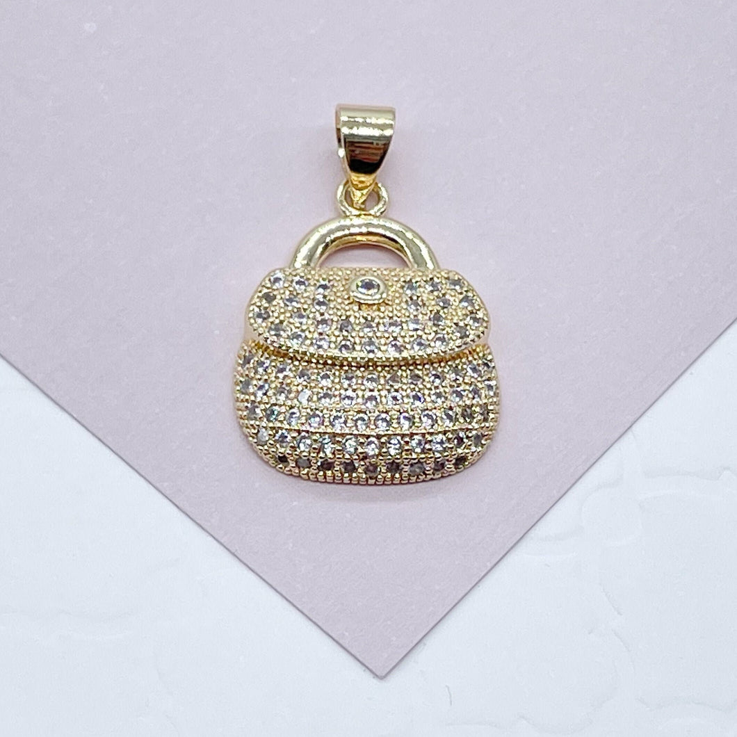 18k Gold Filled Purse Charm with Micro Pave Cubic Zirconia  Gold CZ Bag Pendant