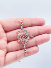 Load image into Gallery viewer, 18k Gold Filled Adjustable Multicolor Cubic Zirconia Turtle Bracelet Featuring Colorful Evil Eyes Connected in a Slide Clasp Bracelet
