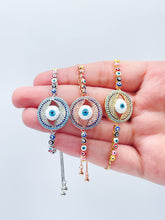 Load image into Gallery viewer, 18k Gold Filled Adjustable Slide Clasp Greek Eye Bracelet Featuring Cubic Zirconia Evil Eye in Micro Pave and Colorful Charms Connectors
