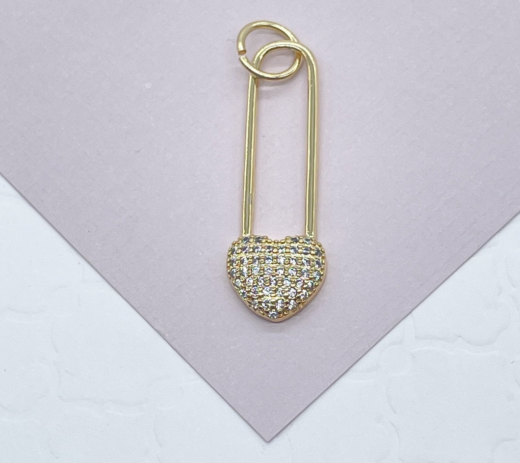 18k Gold Filled Heart Safety Pin Charm In Micro Pave Cubic Zirconia For