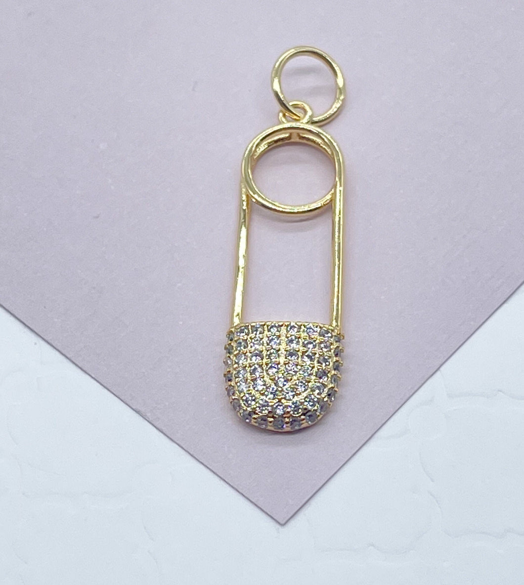 18k Gold Filled Designed Safety Pin Charm Featuring Cubic Zirconia In Micro Pave