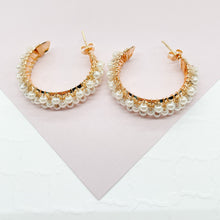 Load image into Gallery viewer, 18k Gold filled Hoop Earrings Featuring A Wire Wrap of Pearls Around The Hoop
