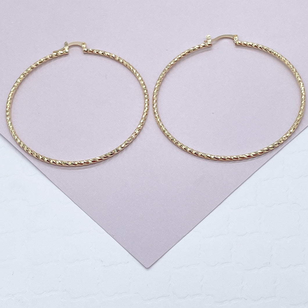 18k Gold Filled Large Rugged Diamond Cut Textured Hoop Earrings 60 mm Diameter