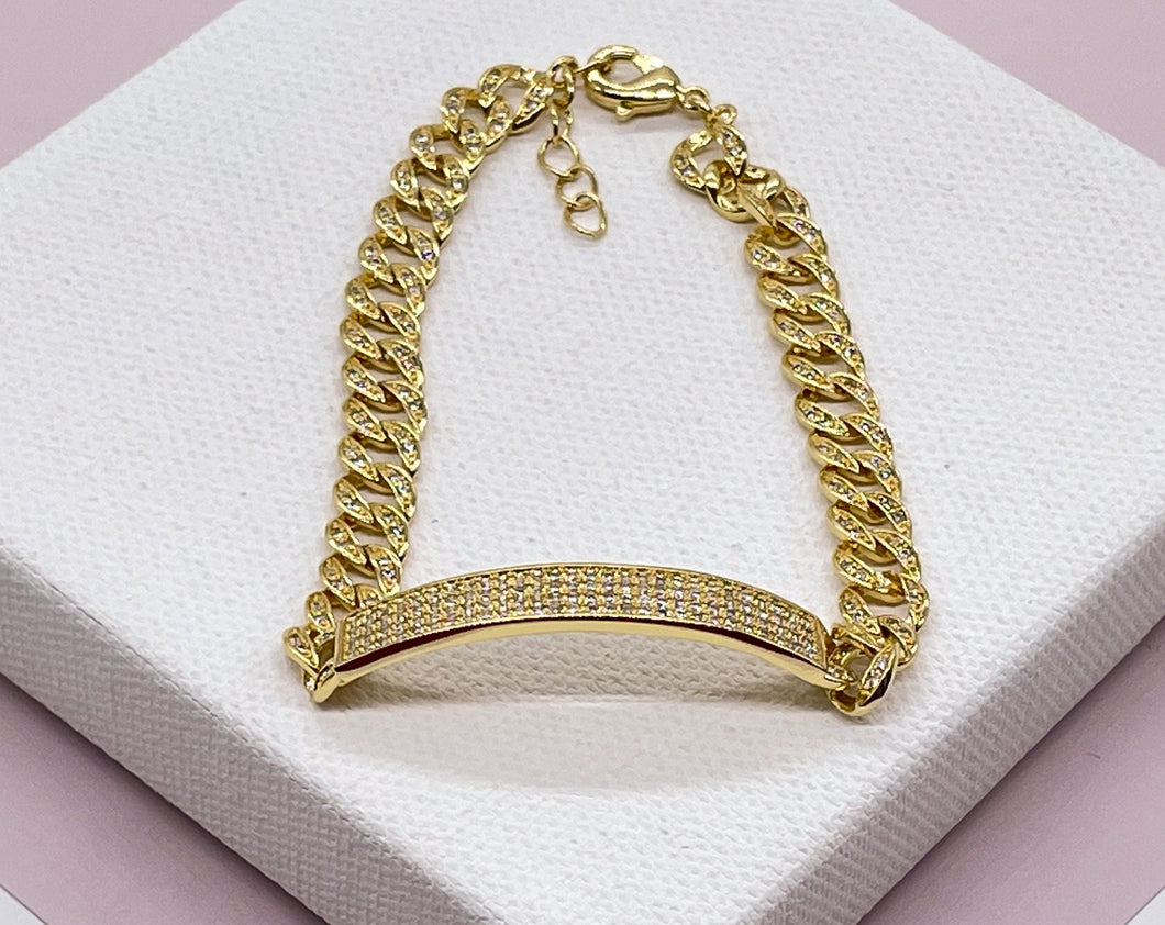 18k Gold Filled Micro Pave Cubic Zirconia Unisex Bar Bracelet Featuring Cuban Link