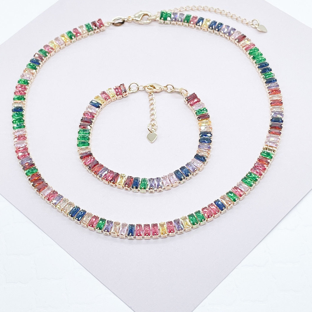 18k Gold Filled Choker Necklace And Bracelet Set With Colorful Baguette Cubic