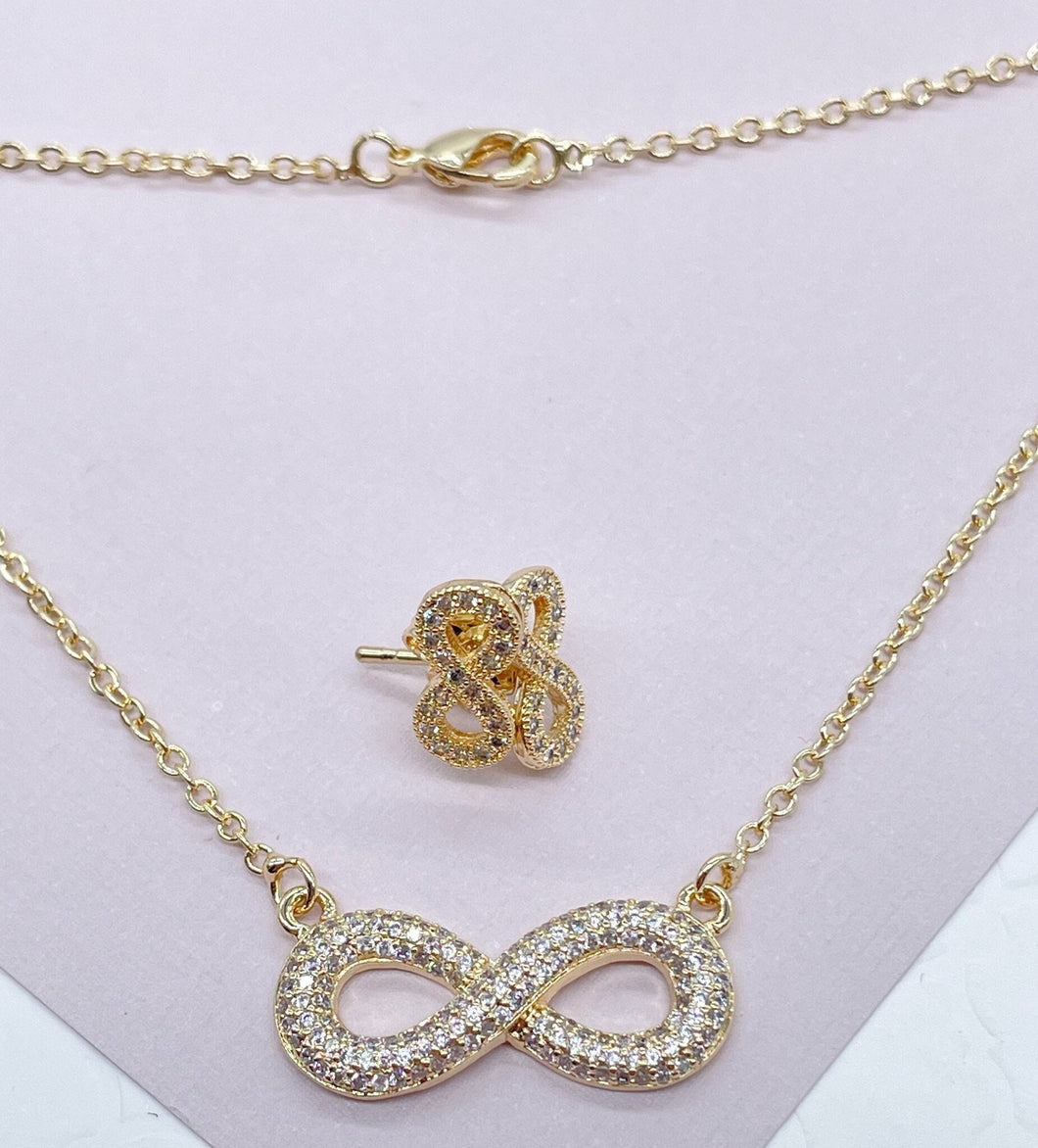 18k Gold Filled Puffy Infinity Set In Micro Pave Cubic Zirconia Necklace and
