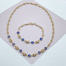 Load image into Gallery viewer, 18k Gold Filled Mariner Link Mixed Blue &amp; / or Red Eye Bracelet And Necklace Set
