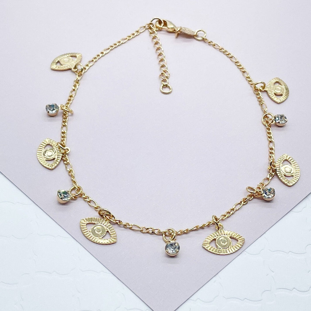 18k Gold Filled Plain Evil Eye Charms and Cubic Zirconia Hanging in a Figaro Chain Anklet