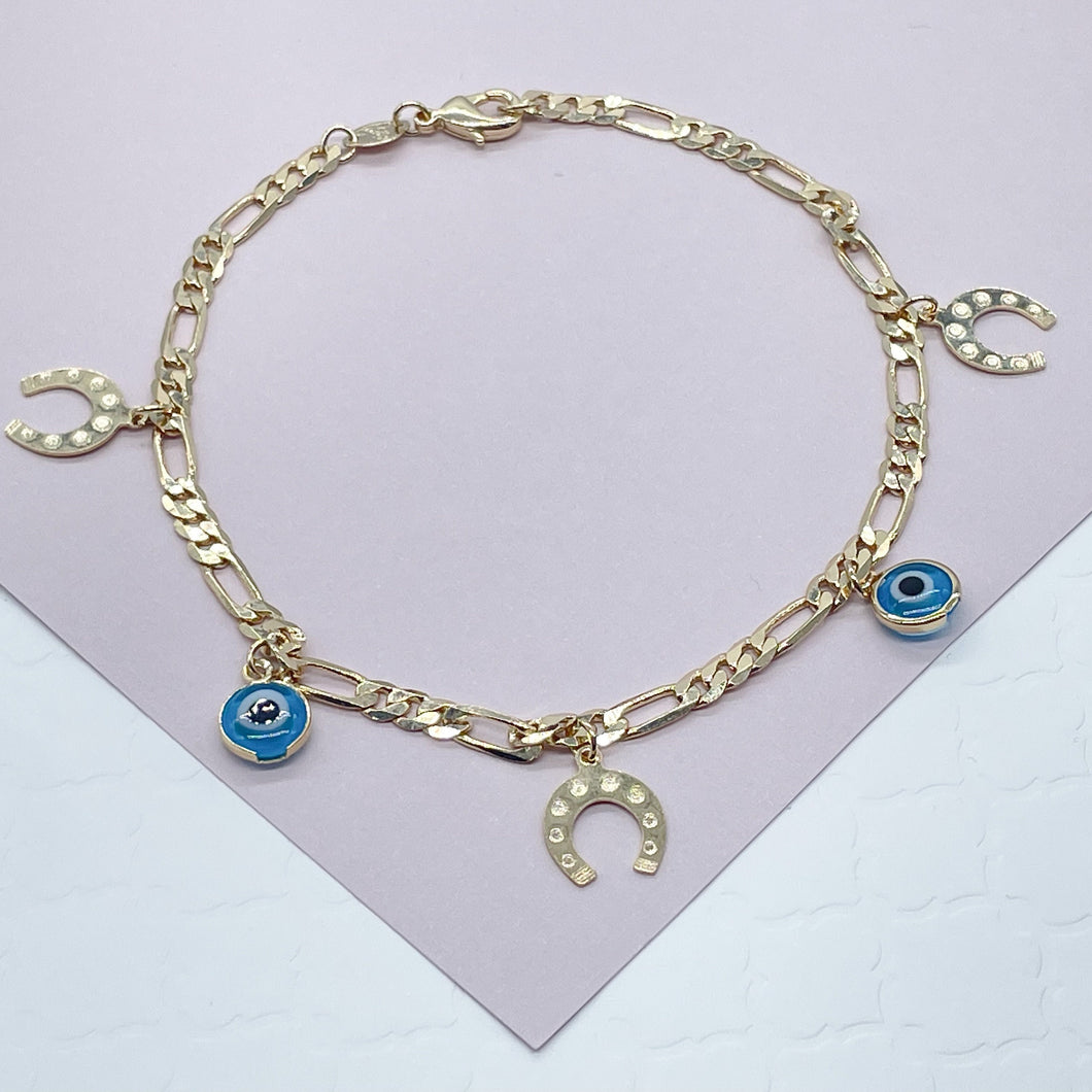 18k Gold Filled Evil Eye & Horse Shoe Anklet Hypoallergenic Jewelry Wholesale