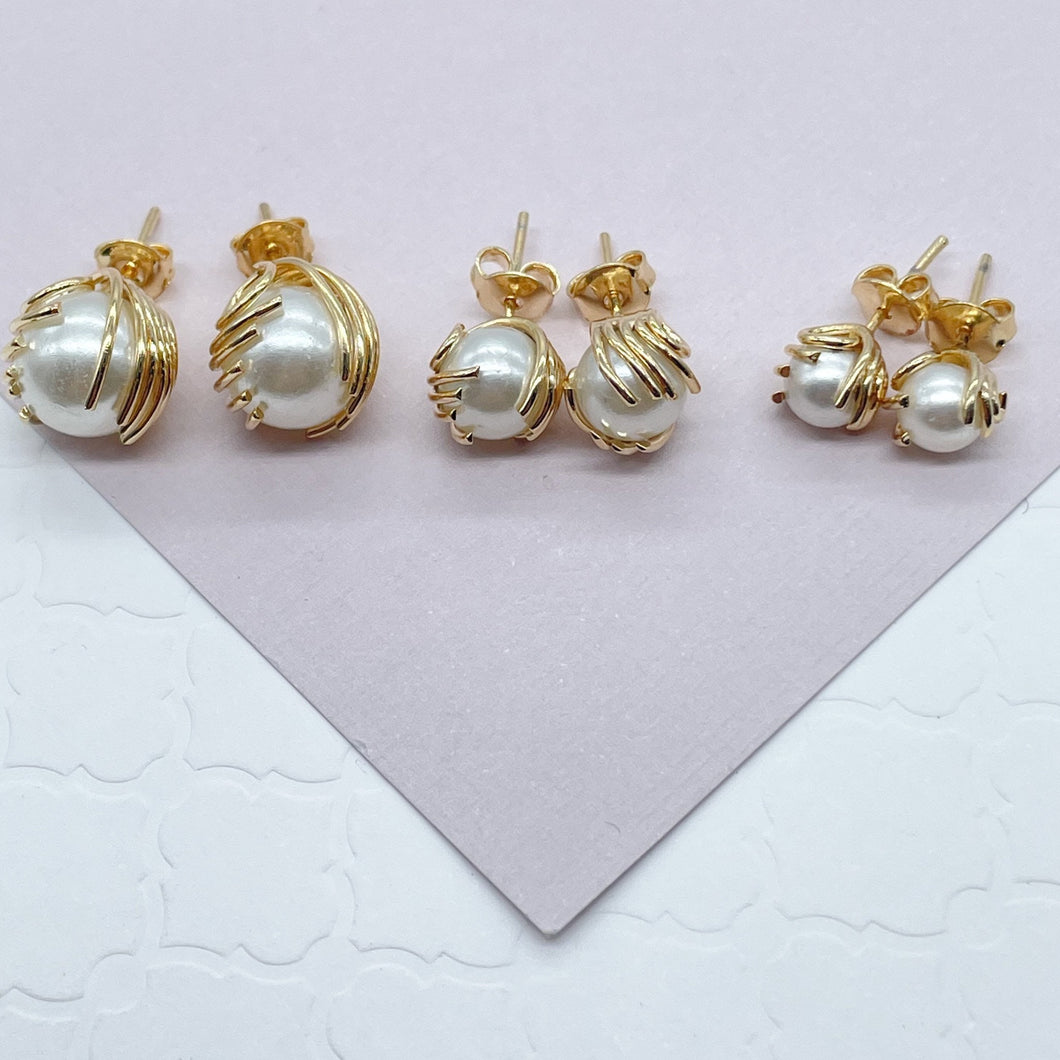 18k Gold Filled Pearl Stud Earrings Wrapped In Gold Thread, Grabbed By Wires