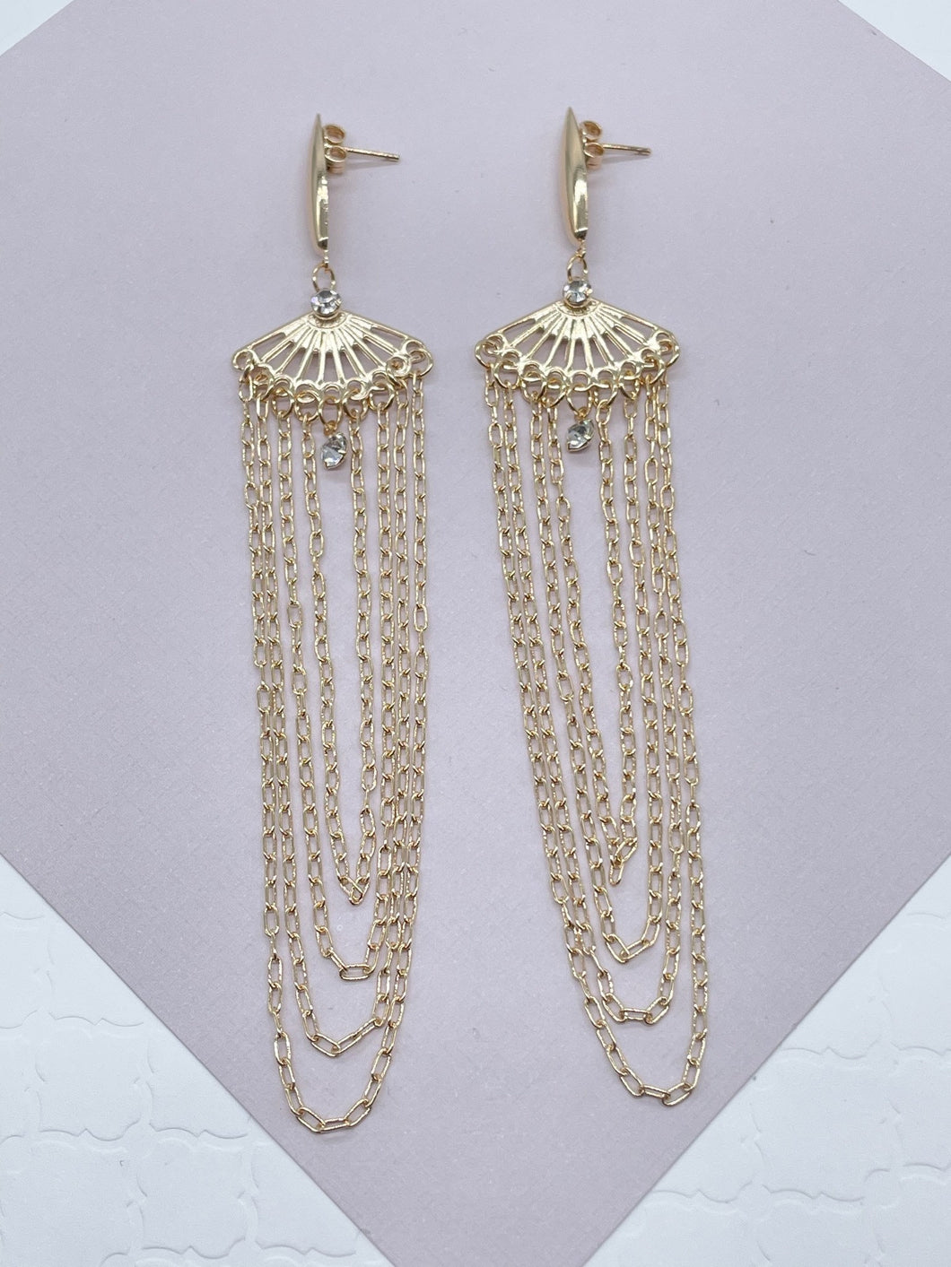 Very Long 18k Gold Filled Light Chandelier Dangling Earrings In a Pape Clip Thin Chain Featuring Cubic Zirconia Details
