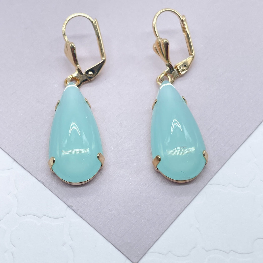18k Gold Filled Simulated Aqua Blue Drop Earrings, Tear Shape Drop Earrings,