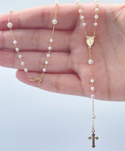 Load image into Gallery viewer, 18k Gold Filled White Simulated Pearl Beaded Rosary With Small Lady of Grace Medal and Tiny Cross
