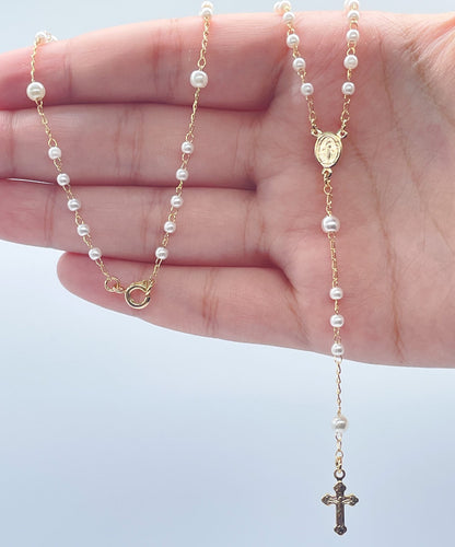 18k Gold Filled White Simulated Pearl Beaded Rosary With Small Lady of Grace Medal and Tiny Cross