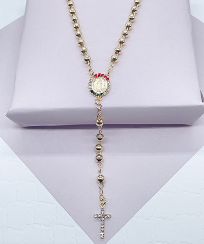 18k Gold Filled Solid Bead Rosary Necklace with Green Clear And Red Cubic Zirconia Guadalupe Medal and Cross   Mexican Jewelry