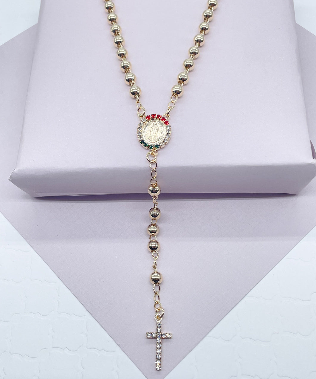 18k Gold Filled Solid Bead Rosary Necklace with Green Clear And Red Cubic Zirconia Guadalupe Medal and Cross   Mexican Jewelry