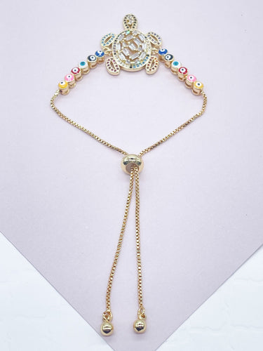 18k Gold Filled Adjustable Multicolor Cubic Zirconia Turtle Bracelet Featuring Colorful Evil Eyes Connected in a Slide Clasp Bracelet