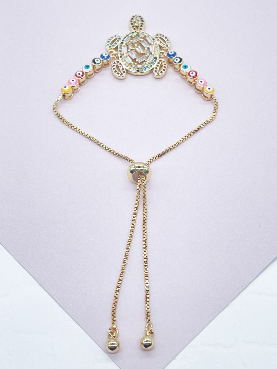 18k Gold Filled Adjustable Multicolor Cubic Zirconia Turtle Bracelet Featuring