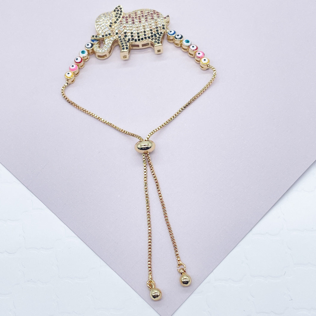 18k Gold Filled Adjustable Multicolor Cubic Zirconia Elephant Bracelet Featuring Colorful Evil Eyes Connected in a Slide Clasp Bracelet