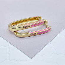 Load image into Gallery viewer, 18k Gold Filled Colorful Enamel Rectangular Clicker Earrings Cubic Zirconia Detail
