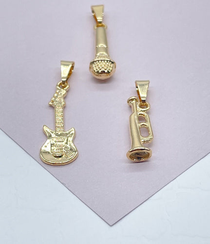 18k Gold Filled Musical Instruments Microphone, Guitar and Trumpet Charms Dainty Pendants And Jewelry Making Supplies