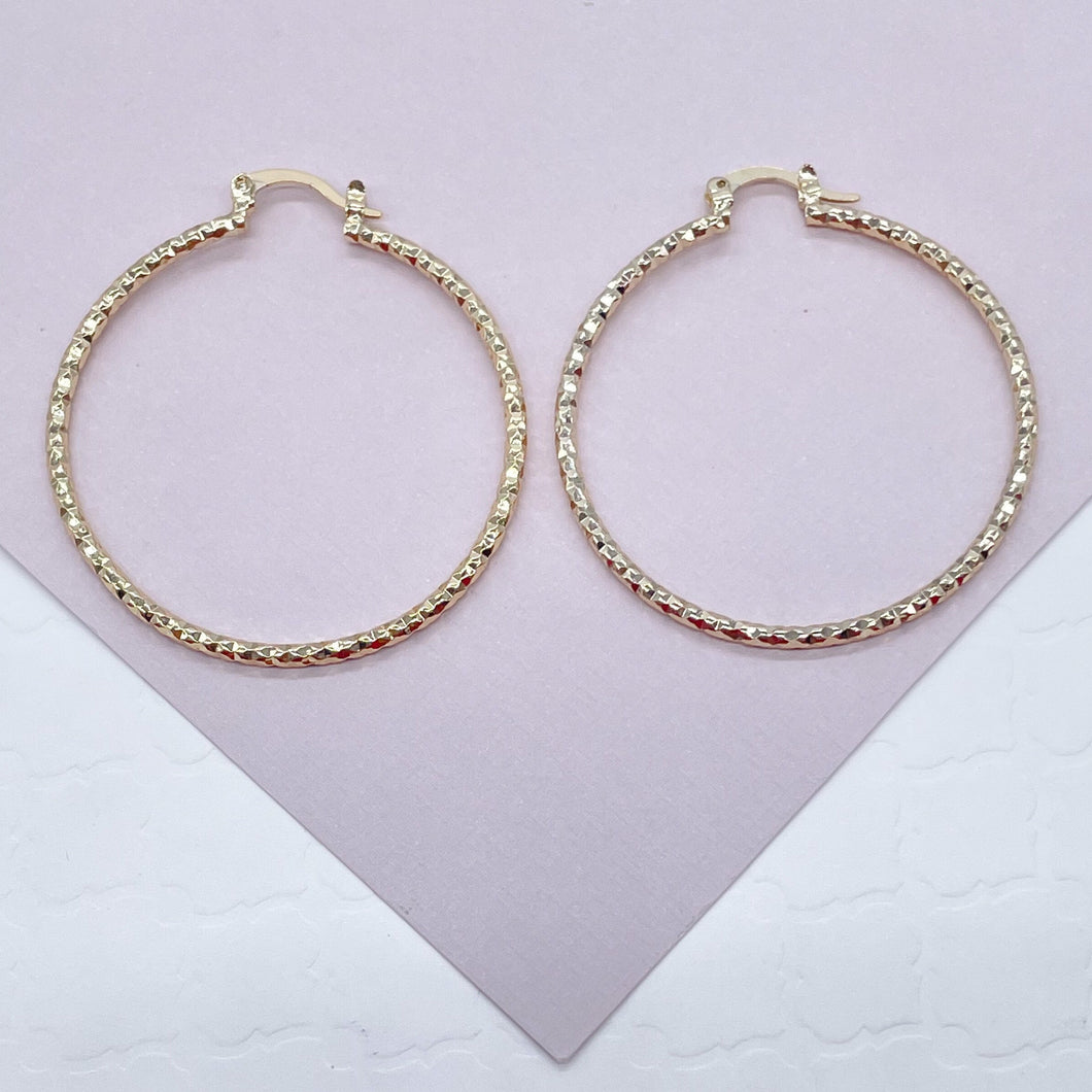 18k Gold Filled Rugged Diamond Cut Textured Hoop Earrings Medium Sized  43 mm