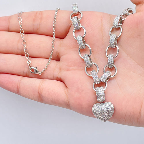 18k Gold Filled Puffy Heart Set of Bracelet Necklace In Micro Pave Cubic Zirconia Silver or Gold Intercalated Rolo Full CZ