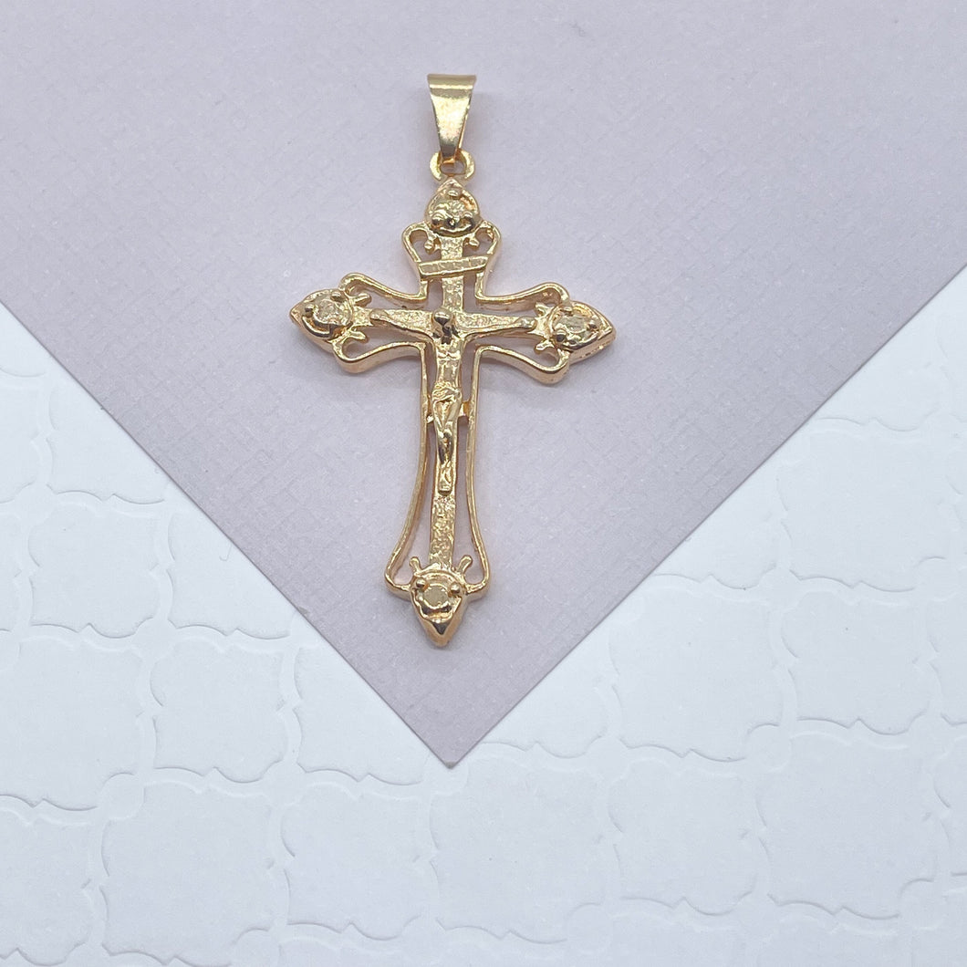 18k Gold Filled 1.7” Crucifix Cross Pendant Charm with Christ Image, Religious