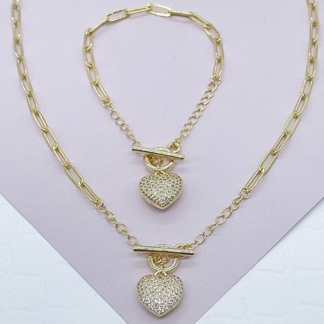 18k Gold Filled Paper Clip Chain Featuring Puffy Heart Full Pave Cubic Zirconia Set Bracelet Necklace With Toggle Closure