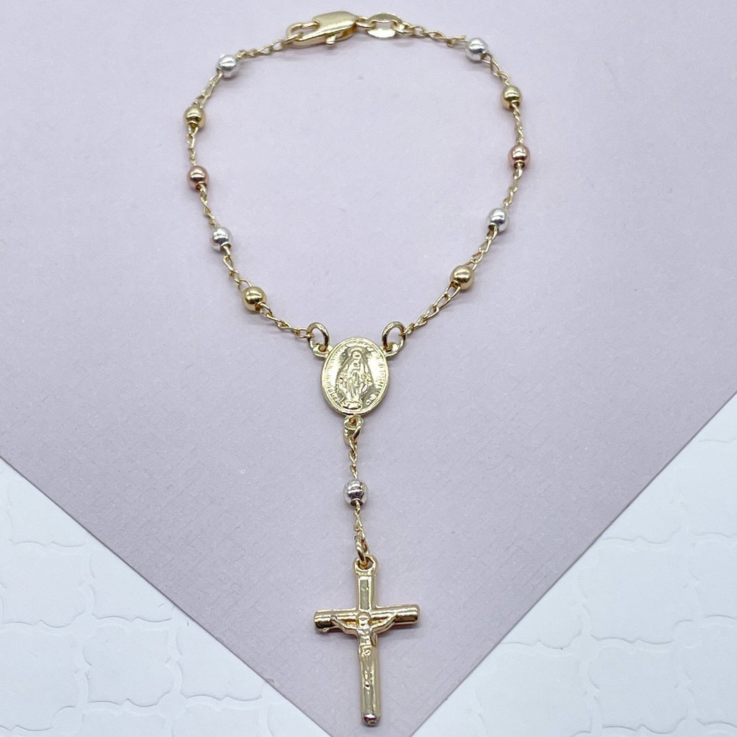 18k Gold Filled Tri Color Rosary Bracelet with Miraculous Coin Medal Lady Of